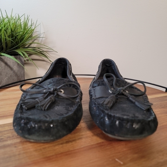 b.o.c. Black leather slip on loafers Size 11 driving shoes with tassels shimmery - Picture 6 of 17
